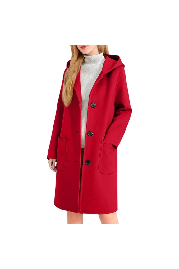 Long Trench Coat with Hood Womens Single Breasted Dressy Casual Wool Blend Peacoat Jacket Pockets Winter Overcoat (S, Red)