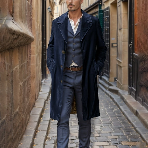 Long Trench Coats for Men Business Casual Overcoats Button Down Open Front Notch Collar Long Peacoats with Pockets