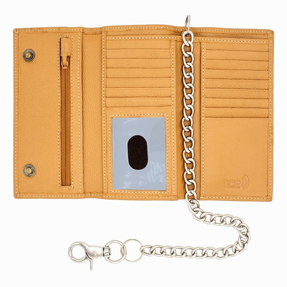 Long Trifold RFID Blocking, Credit Card Money Organizer, Top Bill Slot, Leather Biker Trifold Chain Wallet Long Checkbook for Men