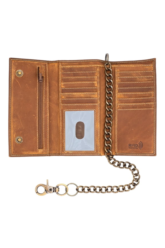 Long Trifold RFID Blocking, Credit Card Money Organizer, Top Bill Slot, Leather Biker Trifold Chain Wallet Long Checkbook for Men