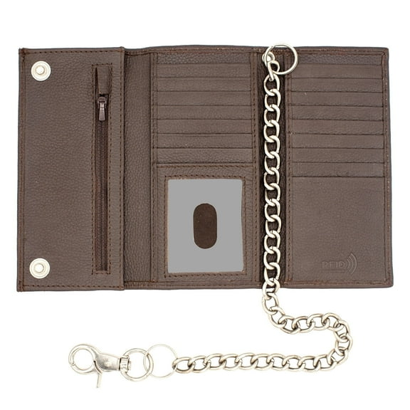 RFID Safe Dark Brown Leather Long Checkbook Trifold Chain Wallet for Men Snap Closure - J212B