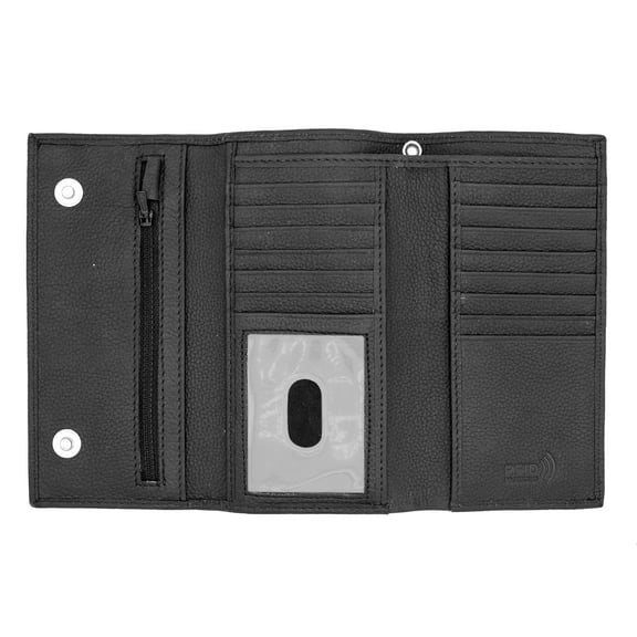 Long Trifold RFID Blocking, Credit Card Money Organizer, Top Bill Slot, Leather Biker Trifold Wallet Long Checkbook for Men