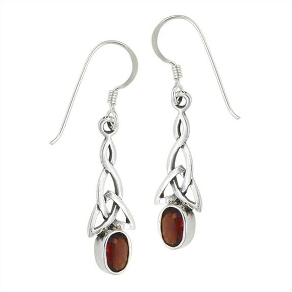 Long Triquetra Braid Celtic Trinity Knot Loop Simulated Garnet .925 Sterling Silver Earrings Jewelry Female