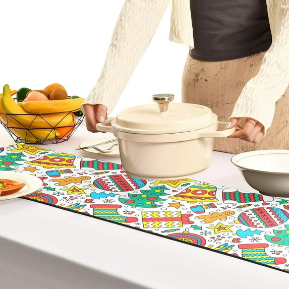 Long Trivet Heat Resistant Table Runner Colorful Christmas Pattern Non Slip Table Protector Waterproof Easy to Clean Tree Ball Gingerbread Hot Pads Pot Holders Durability Versatility