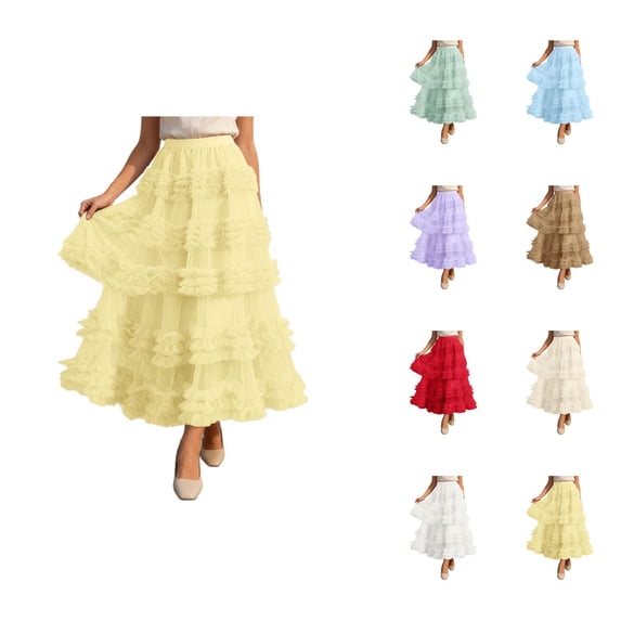Long Tulle Skirts for Women Elastic High Waist Layered Ruffle A Line Flowy Maxi Skirt Renaissance Fairy Skirt