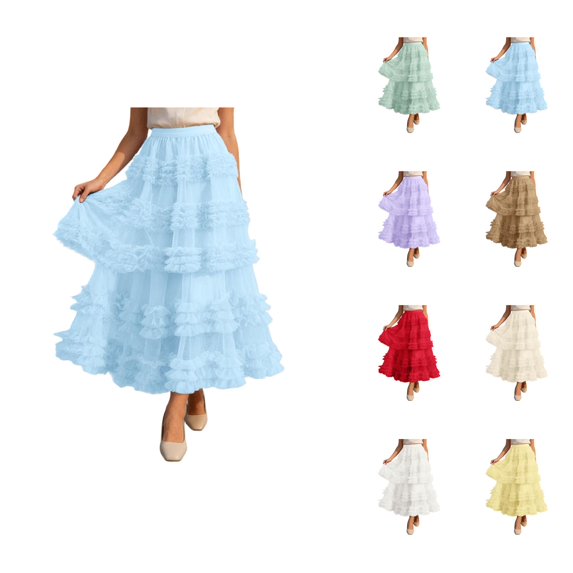 Long Tulle Skirts for Women Elastic High Waist Layered Ruffle A Line Flowy Maxi Skirt Renaissance Fairy Skirt