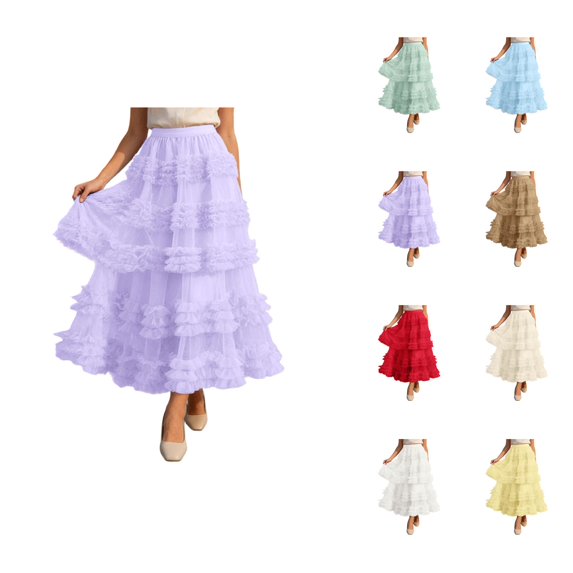 Long Tulle Skirts for Women Elastic High Waist Layered Ruffle A Line Flowy Maxi Skirt Renaissance Fairy Skirt
