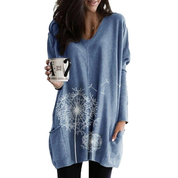 Long Tunic Pullover Blouse Tops for Women Plus Size Long Sleeve Casual Baggy Print Pullover Jumper Pocket Tunic Lounge Wear T-Shirt Tops