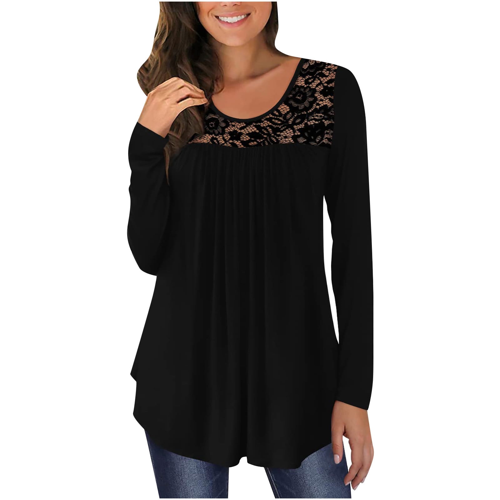 Tunic Tops to Wear with Leggings Dressy Plus Size Tops for Women Comfy  Flowy Pleated Long Shirt Henley Floral Printing Long Sleeve Shirts Black M