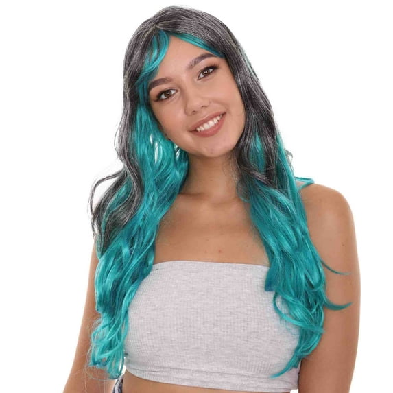 Long Two Tone Curly Womens Wig | Grey/Blue Wig | Premium Breathable Capless Cap