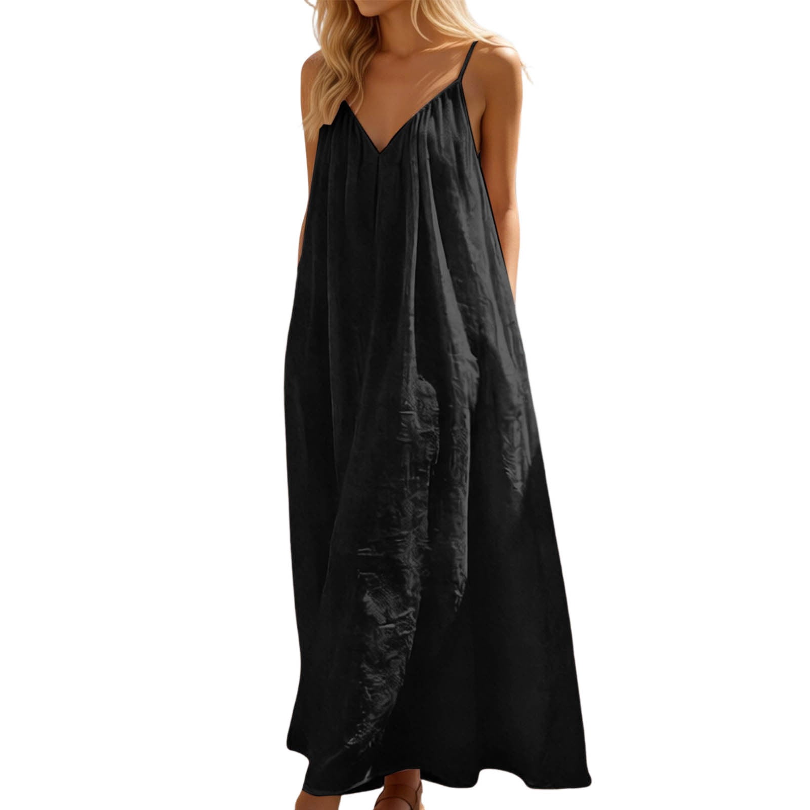 Long V Neck Women's Strapless Backless Loose Loungewear Dress Black S ...