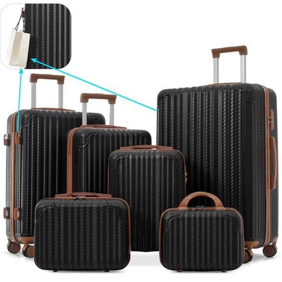 Long Vacation Luggage Set, 6-Piece Set, Hard-Shell Suitcase With 360 Rotating Wheels, ABS Hand Luggage & Checked Luggage, Extra Luggage Hook, TSA Lock & Zipper