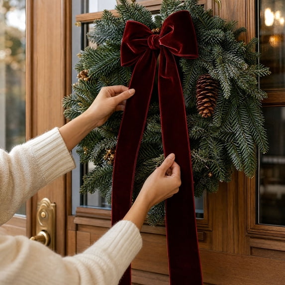 Long Velvet Bow, Decorative Ribbon Bow with Long Streamers, Large Christmas Tree Bow for Staircase Railing, Wreath, Mantel and Home Decor