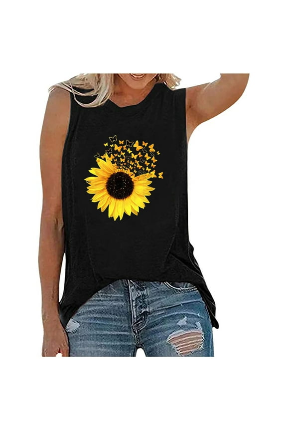 Long Vest Tops for Women Women's Vests Sunflower Floral Printed Tank Top Summer Lightweight Sleeveless T-Shirts Casual Loose Crew Neck Blouses