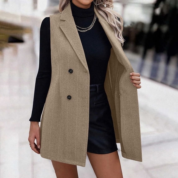Long Vest for Women Sleeveless Blazer Fall Jackets Work Office Cardigan Outerwear Sleeveless Lapel Double Breasted Fall Winter Coats Jackets