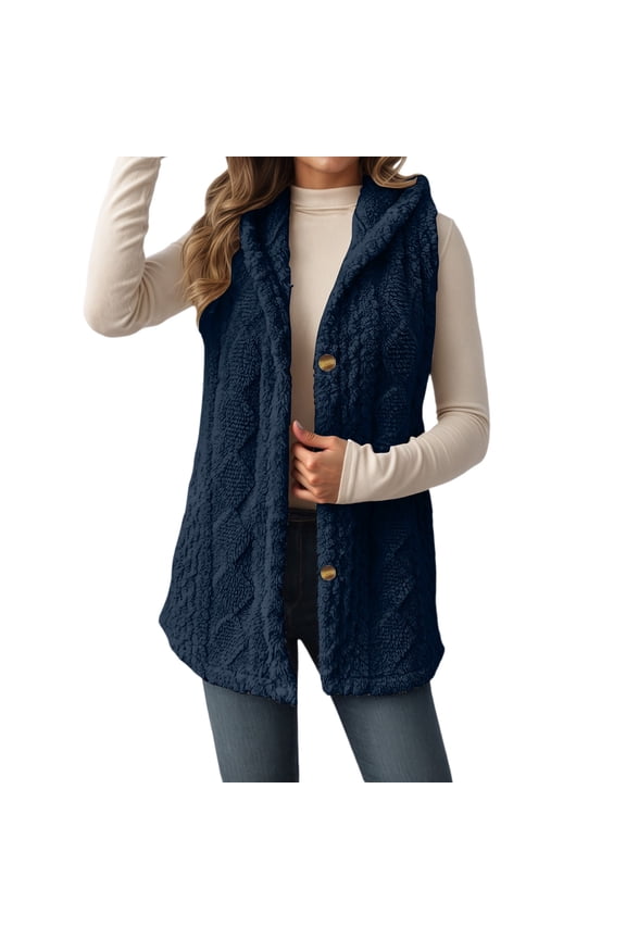 Long Vest for Women Sleeveless Cable Knit Open Front Cardigan Oversized Sherpa Vest Jacket Button Hooded Sweater Coat
