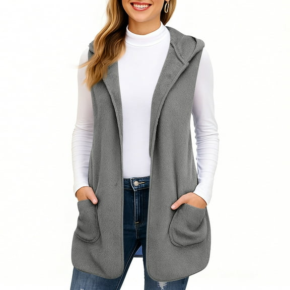 Long Vest for Women Sleeveless Cute Curved Hem Open Front Cardigan Winter Casual Hooded Fleece Cardigans with Pockets Dark Gray L