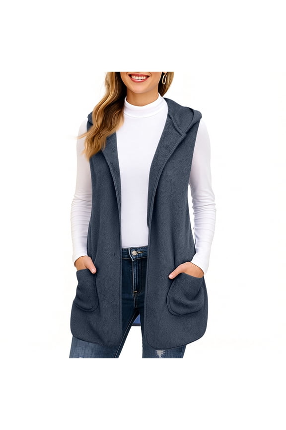 Long Vest for Women Sleeveless Cute Curved Hem Open Front Cardigan Winter Casual Hooded Fleece Cardigans with Pockets Navy L