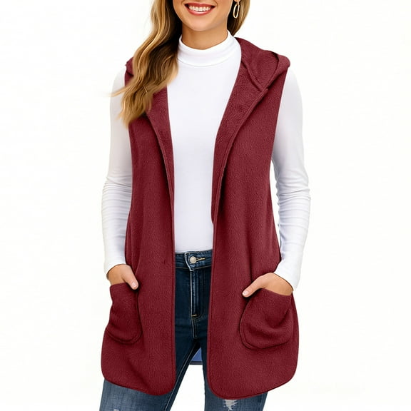 Long Vest for Women Sleeveless Cute Curved Hem Open Front Cardigan Winter Casual Hooded Fleece Cardigans with Pockets Wine XL