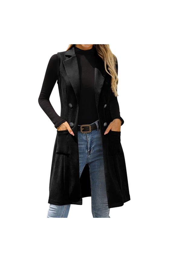 Long Vest for Women Sleeveless Lapel Collar Double Breasted Vintage Classic Cardigan Blazer with Pockets Black XL