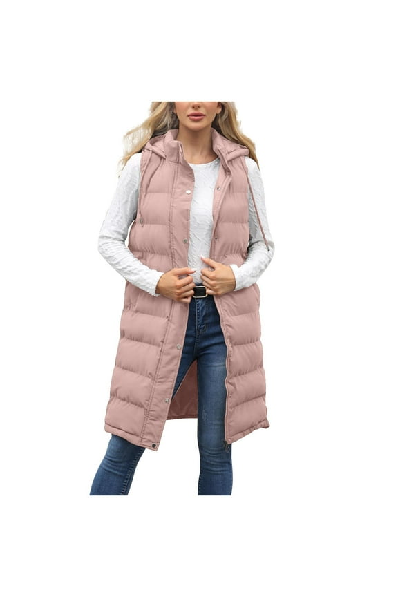 Long Vest for Women Sleeveless Side Zipper Long Puffer Vest Lightweight Warm Zip up Hooded Jacket for Fall and Winter Pink S