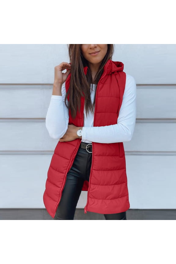 Long Vest for Women Sleeveless Winter Warm Quilted Zipper Puffer Vest with Hood Padded Down Coat Jackets Outerwear Red L