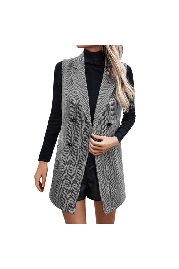 Long Vest for Women Sleeveless Woolen Button Down Lapel Open Front Cardigan Tweed Blazer Gray M