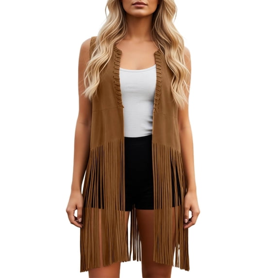Long Vest for Women with Fringe Shawl Wrap Asymmetrical Hem Sleeveless Open Front Cardigan Lightweight Layering Coffee L