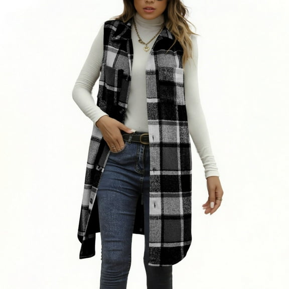 Long Vests Jackets for Women Flannels Winter Warm Sleeveless Shirt Collar Long Flannel Jackets Vests with Chest Pockets