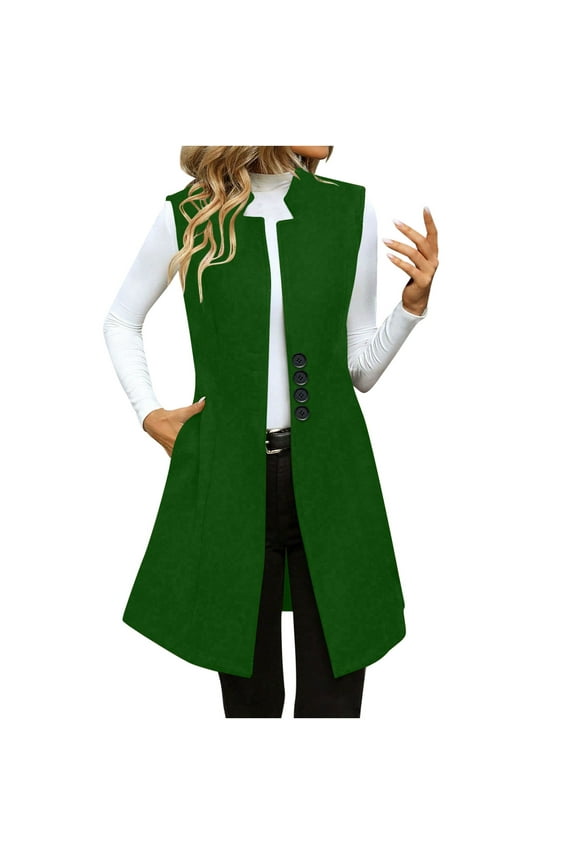 Long Waistcoat Women Fall Winter Sleeveless Vests Suit Elegant Cardigan Blazer Waistcoat with Pockets Heated Coat for Lady Green M