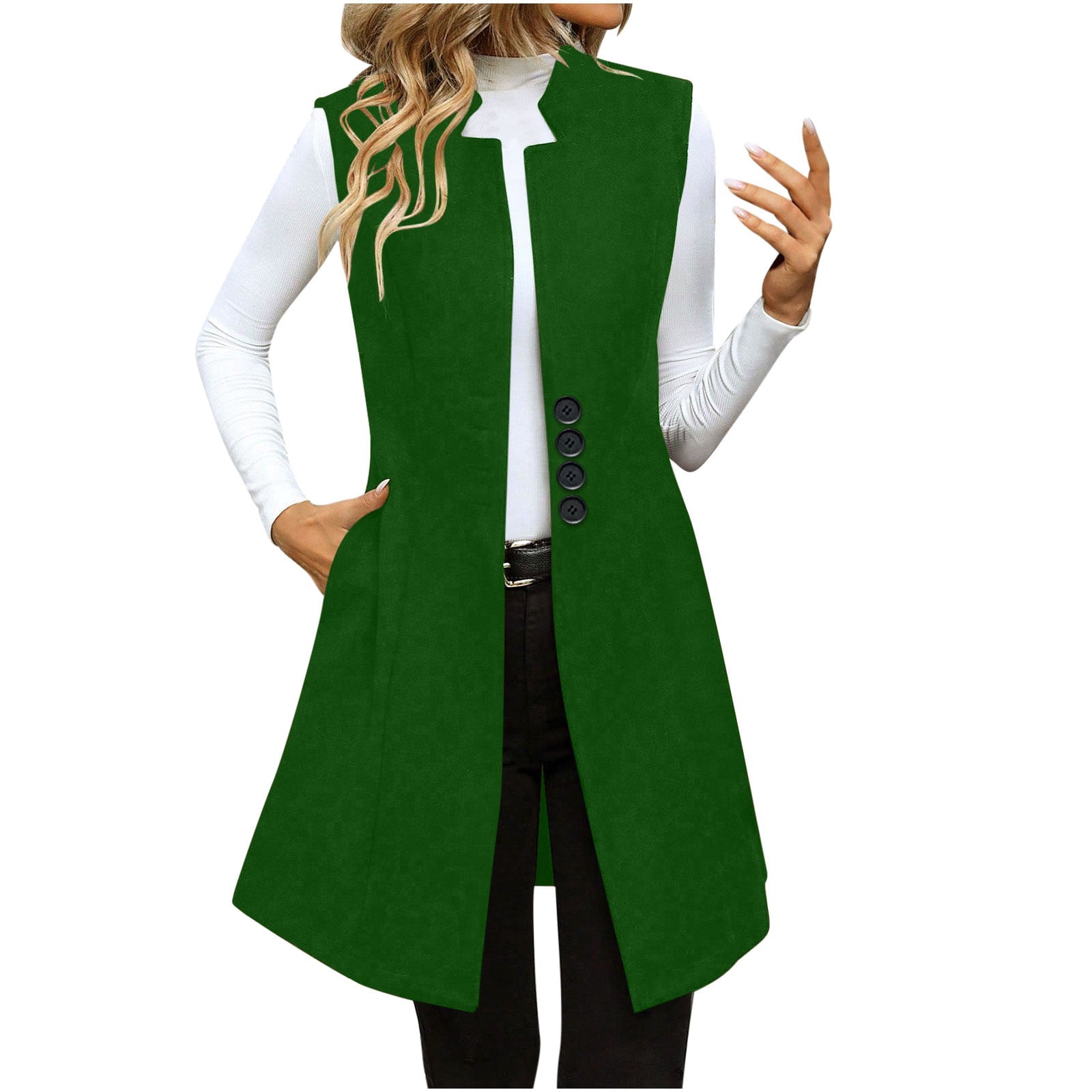 Long Waistcoat Women Fall Winter Sleeveless Vests Suit Elegant Cardigan Blazer Waistcoat with Pockets Jacket for Lady Cold Weather Green L