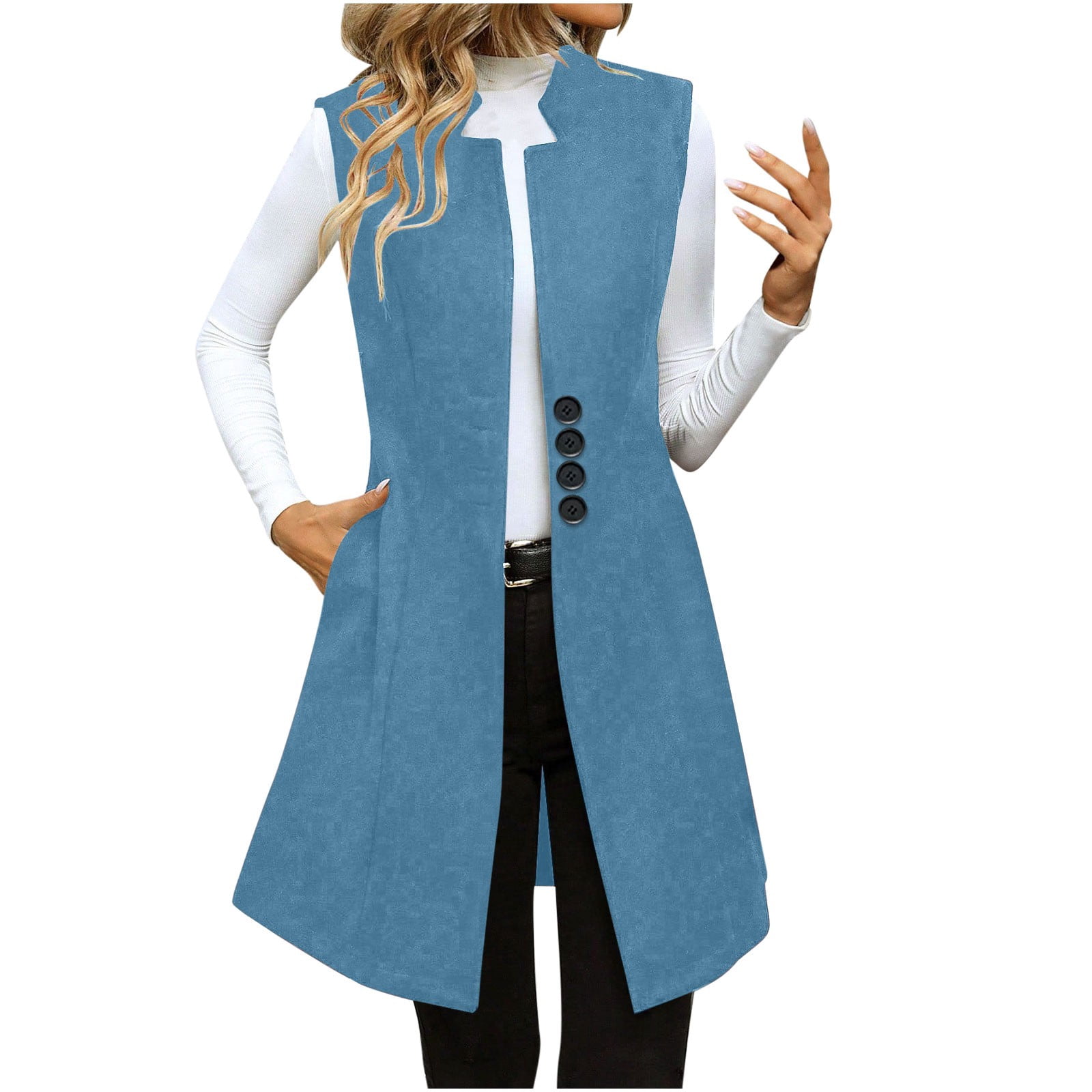 Long Waistcoat Women Fall Winter Sleeveless Vests Suit Elegant Cardigan Blazer Waistcoat with Pockets Warm Clothes for Lady Winter Blue S