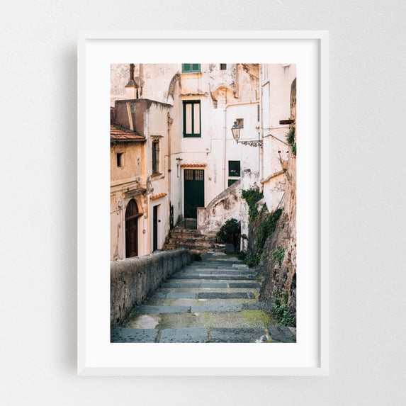The Long Walk into Town - Minori Campania Italy Photography Architecture Rustic Street Photography Vintage Travel Poster Scenic City White Framed Wall Art Print 5 x 7 inches
