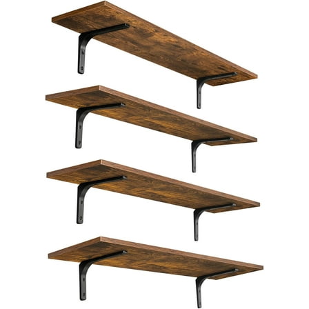 Long Wall Shelves, 31.5Inch Wall Mounted Shelves Set of 4, Extra Large Floating Storage Ledges with Sturdy Metal Brackets for Living Room, Bathroom, Bedroom, Kitchen, Rustic Brown