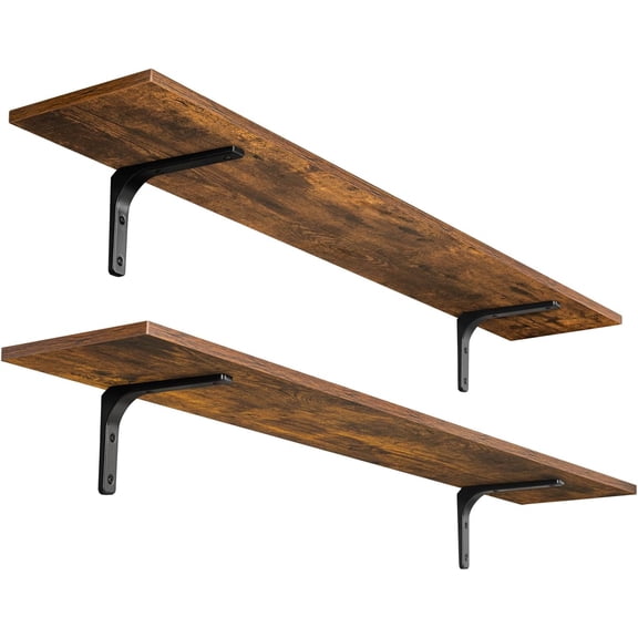 Long Wall Shelves Set of 2, 47.3 Inch Floating Storage Ledges with Metal Brackets, Rustic Brown