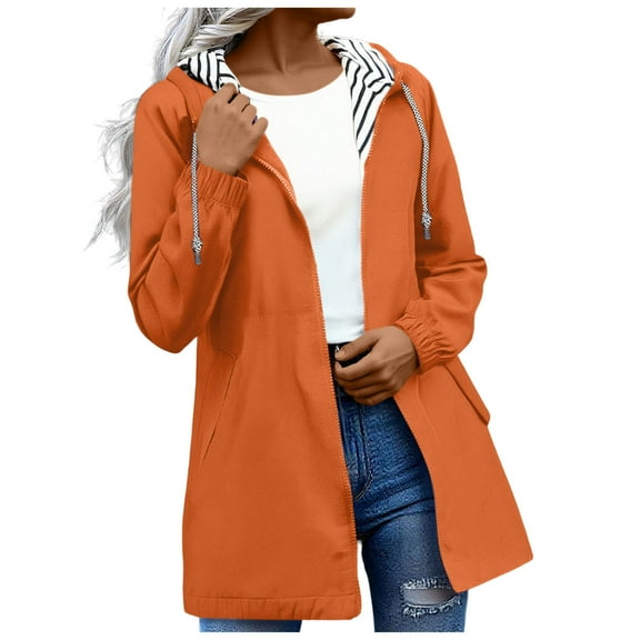 Long Waterproof Rain Jacket for Women Winter Coats Zip Up Jackets Hooded Sweatshirts Solid Color Rain Jacket Outdoor Hooded Windproof Loose With Pocket Coat Waterproof Rain Jacket with Hood Orange,S
