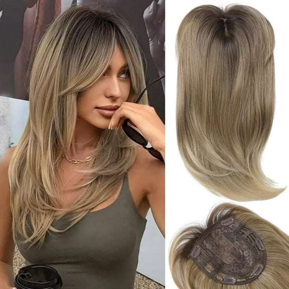 Long Wavy 18inch Hair Topper Big Base Cover Thinning Hair Clip in Hair Toppers for Women Fiber Wiglets with Fringe Ombre Brown Color Light Brown with Dark Root 18 Inch