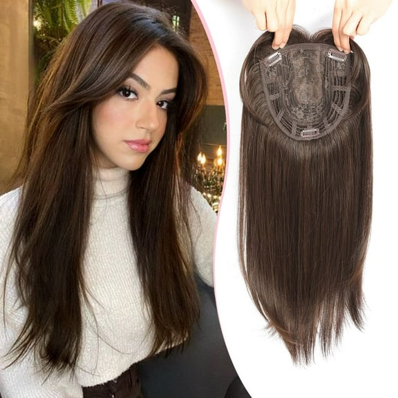 Long Wavy 18inch Hair Topper Big Base Cover Thinning Hair Clip in Hair Toppers for Women Fiber Wiglets with Fringe Dark Brown