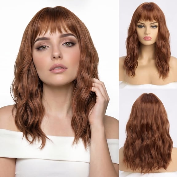 Long Wavy Auburn Brown Wig with Bangs Female Synthetic Mid Medium Length Ginger Water Wave Wigs for Women Natural Looking Heat Resistant Fiber Hair for Cosplay Party Halloween Anime Use (16 inch)