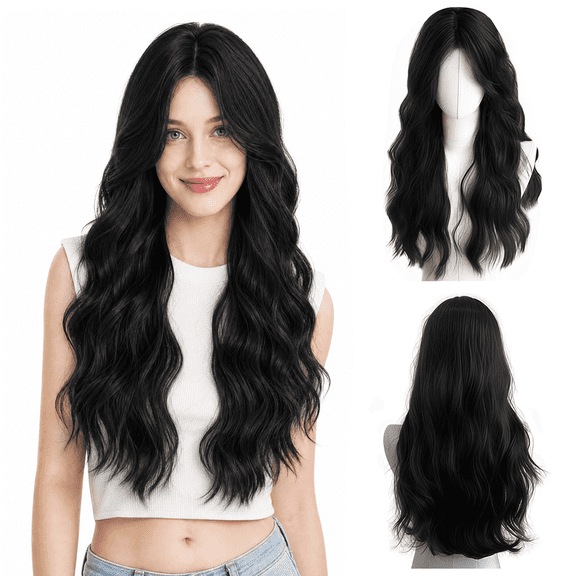 Long Wavy Black Wig for Women, Glueless Synthetic Wavy Wig for Women with Natural Hairline for Daily Use