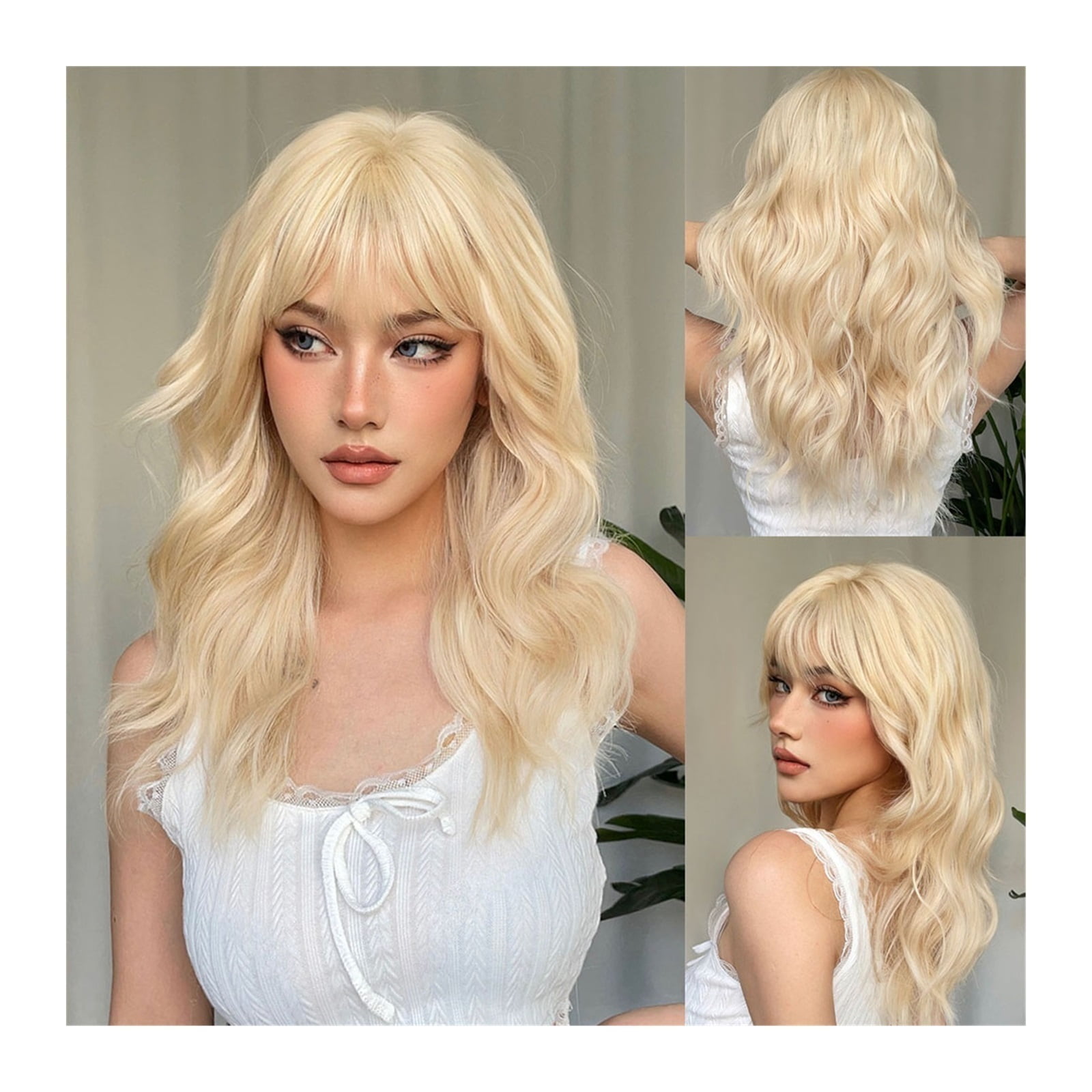 Long Wavy Blonde Synthetic Wigs for Women Platinum Daily Natural Hair Wigs With Bangs Heat Resistant Cosplay Wigs