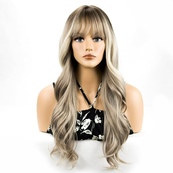 Long Wavy Blonde Wigs for Women with Bangs Heat Resistant Synethetic Fiber Natural Wig for Daily & Party Wear