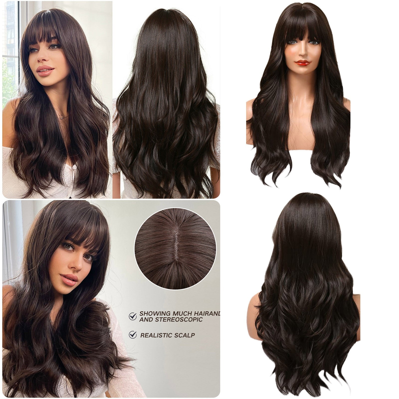 Long Wavy Brown Wig with Bangs for Women, Synthetic Heat Resistant Hair Wig for Daily Wear and Party Use(Brown,One Size)
