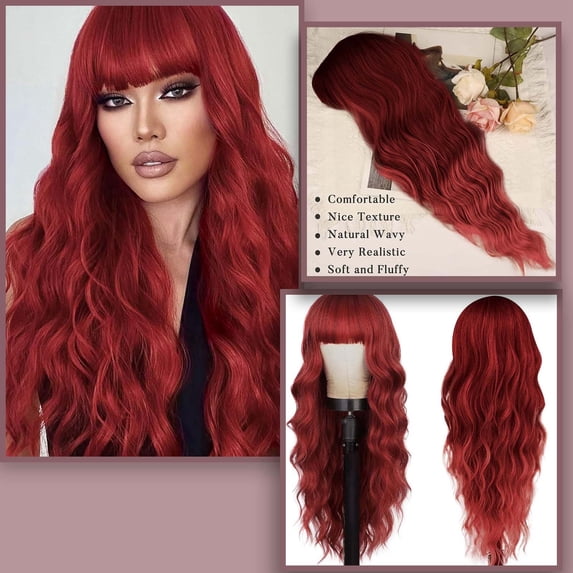Red Long Curly Wavy Wig for Women 26 Inch Natural Fiber Hairpiece for Fashion and Style