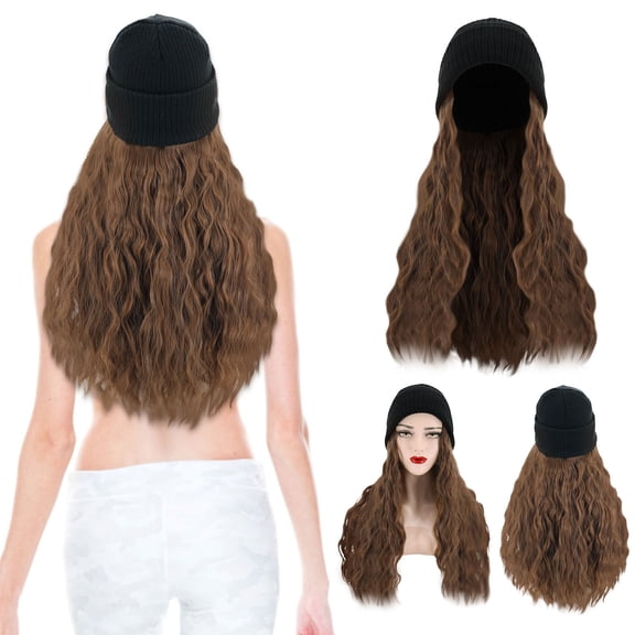 Long Wavy Curly Synthetic Hair Wig with Velvet Knitted Winter Hat for Women Warm Fashion Accessory