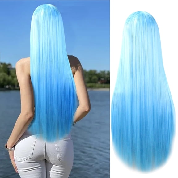 Long Wavy Curly Wig with Bangs for Women, Heat Resistant Synthetic Natural Looking Fashion Wig for Daily Wear and Special Occasions(Light blue,One Size)