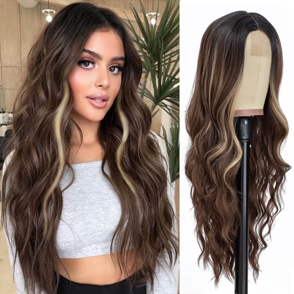 Long Wavy Curly Wig with Bangs for Women, Heat Resistant Synthetic Natural Looking Fashion Wig for Daily Wear and Special Occasions(Coffee,One Size)