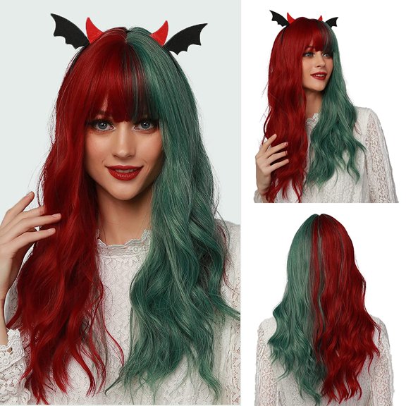 Long Wavy Half Red Half Green Wigs with Bangs for Women Natural Synthetic Hair Heat Resistant Wig for Christmas Cosplay Party Use-22 Inches