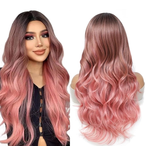 Long Wavy Lace Middle Part Wig Ombre brown pink Color Nature Curly Synthetic Heat Resistant Fiber Weave Full Wigs for Women for Daily Party Use Cosplay Costume Halloween Wig (Tpink, 26inch)