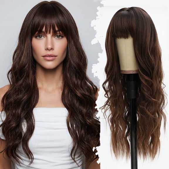 Long Wavy Ladies Dark Brown Little Highlights Water Wave Synthetic Chocolate Brown Wigs with Fringe for Women Daily Cosplay Party Use(26inch)